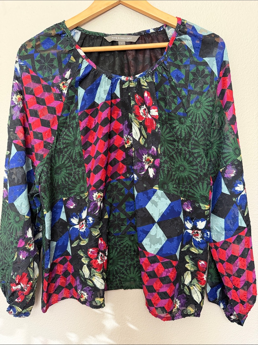 Kate & Mallory Multicolor Geometric Floral Patchwork Style Blouse Bohemian Large